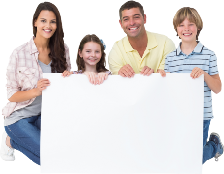 Happy family holding billboard over white background - Powered by Adobe