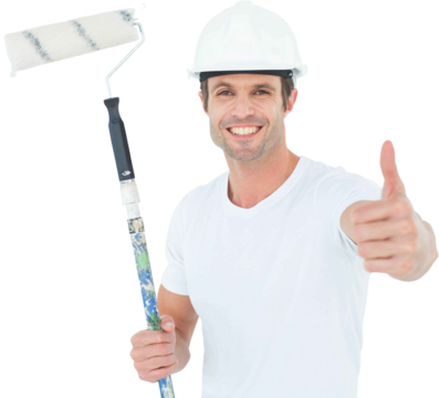 Man holding paint roller while gesturing thumbs up - Powered by Adobe