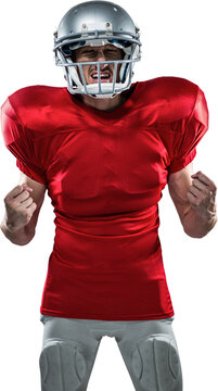 Irritated American football player in red jersey screaming