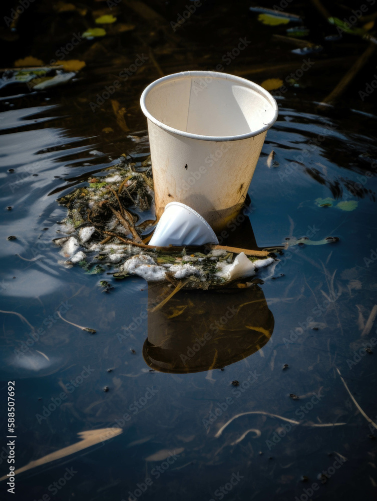 Poster a broken styrofoam cup floating in a polluted lake.. ai generation.