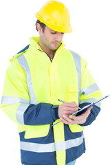 Architect writing notes on clipboard