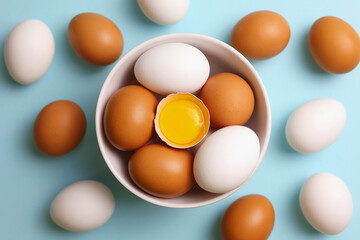 fresh farm chicken eggs on a colored background