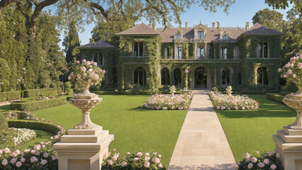 Illustration of an Romantic style mansion in a rose garden on a summer day - AI Generated