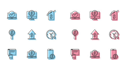 Set line Online shopping on screen, Laptop with dollar, Smartphone, Financial growth and coin, Clock 24 hours, Magnifying glass and Computer monitor icon. Vector