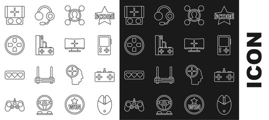 Set line Computer mouse gaming, Gamepad, Portable video game console, Share, with joystick, and monitor icon. Vector