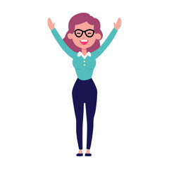 Happy kindergarten class teacher wearing glasses waving hands flat style vector illustration