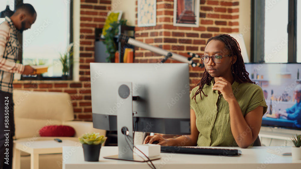 Aufkleber female freelancer using computer to work on business report, sending email and creating financial we