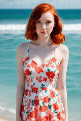 23 years old woman in flower dress on the beach - Generative AI