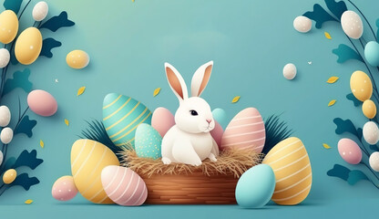 Easter poster or banner template with Cute Bunny,Easter eggs in the nest and white podium on blue background.Greetings and presents for Easter Day.Promotion and shopping template for Easter1.jpg