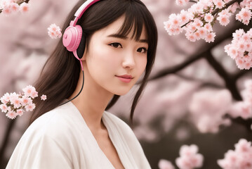 Obraz na płótnie Canvas Portrait of a beautiful woman with headphones on a background of sakura blossoms. Generative AI.
