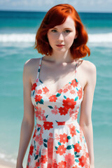 36 years old woman in flower dress on the beach - Generative AI