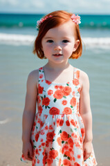1 years old girl in flower dress on the beach - Generative AI
