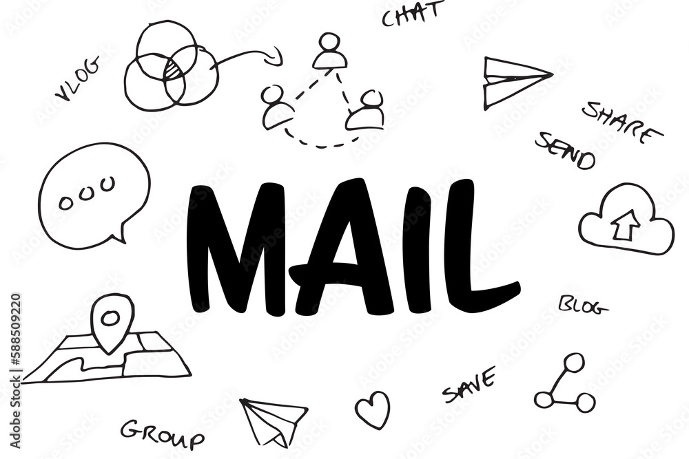 Poster mail text surrounded by several vector icons