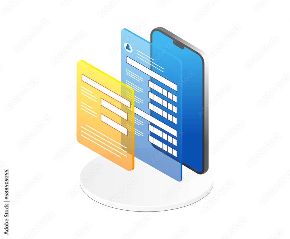 Poster mobile app development isometric icon on a white background. vector illustration.