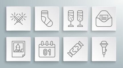 Set line Christmas postcard, stocking, Calendar, Candy, Microphone, Glass of champagne, party invitation and Sparkler firework icon. Vector