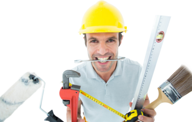 Happy worker with various equipment