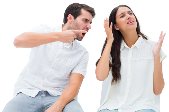 Couple sitting on chairs arguing
