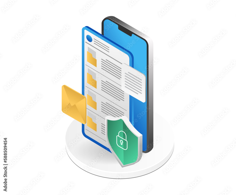 Poster smartphone with shield and envelope icon. isometric vector illustration.