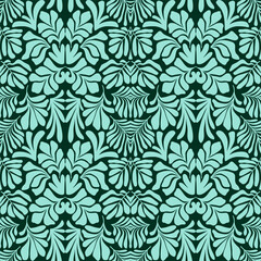 Turquoise green abstract background with tropical palm leaves in Matisse style. Vector seamless pattern with Scandinavian cut out elements.