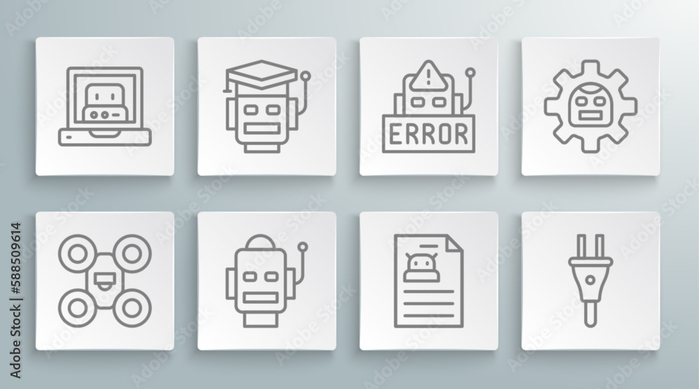 Poster set line drone, robot, technical specification, electric plug, error in robot, and creating icon. ve
