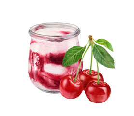 Watercolor illustration of yogurt with cherry isolated on white background. White chocolate mousse cherry jam in a glass.