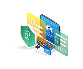 Laptop with shield and padlock on white background. Vector illustration.