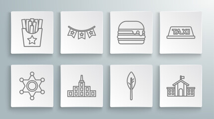 Set line Hexagram sheriff, Carnival garland with flags, City landscape, Indian feather, United States Capitol Congress, Burger, Taxi car roof and Potatoes french fries in box icon. Vector