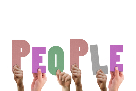 Colorful alphabet spelling people held up by hands