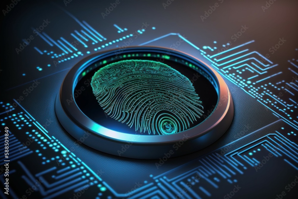Poster digital biometri, security identify by fingerprint concept. scanning system fingerprint. ai generate