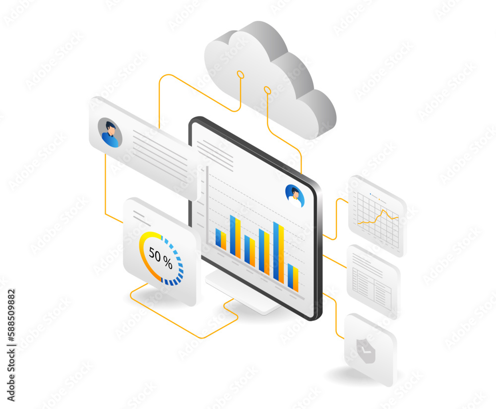 Poster Isometric flat design concept of cloud computing and data analysis. Vector illustration.