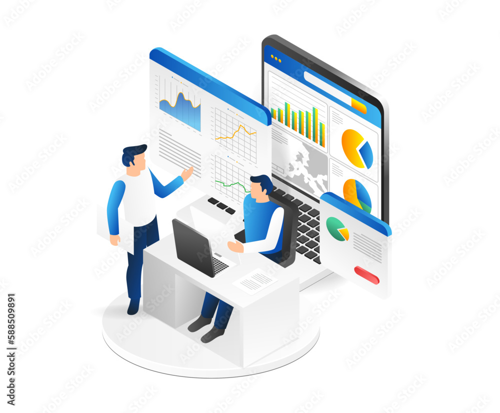 Poster isometric business people working together on a new project. successful business team. vector illust