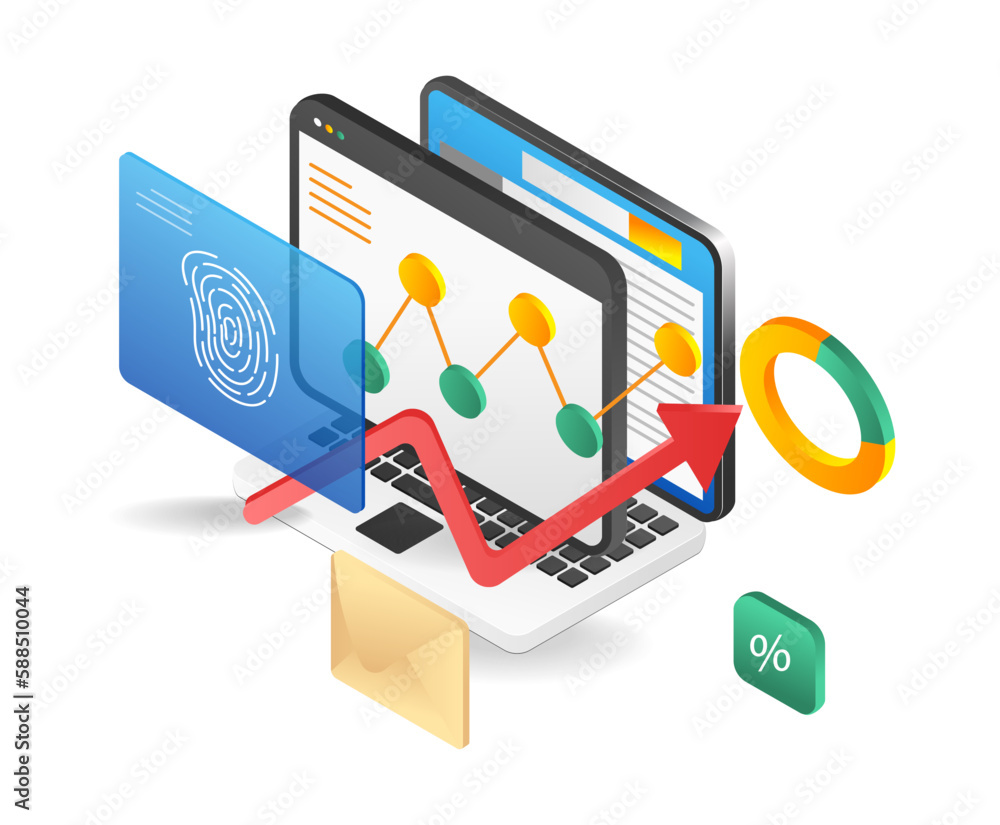 Poster isometric flat design concept of mobile app and fingerprint. vector illustration