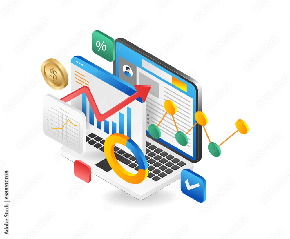 Poster flat 3d isometric design concept of online analytics data analysis financial reporteting research bu