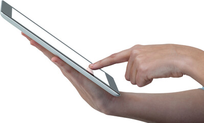 Hands using digital tablet against white background