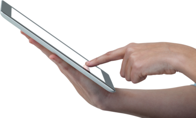 Hands using digital tablet against white background