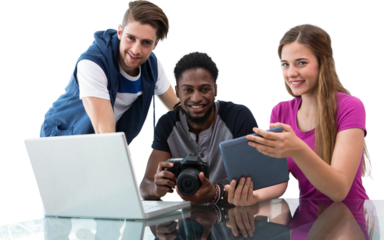 Creative young business team looking at digital tablet