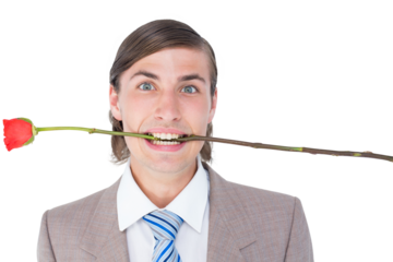 Geeky businessman offering bunch of roses