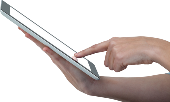 Hands using digital tablet against white background
