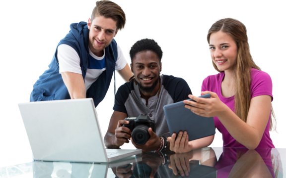 Creative young business team looking at digital tablet