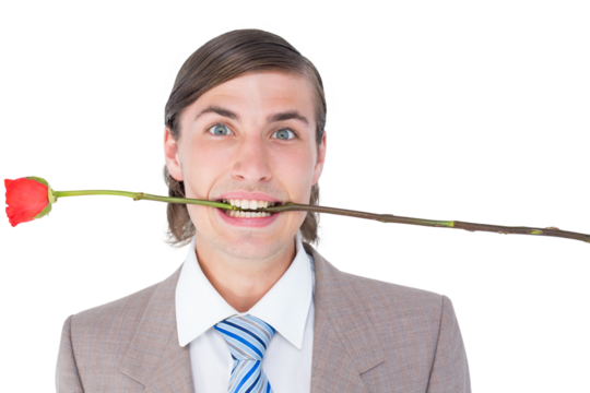 Geeky businessman offering bunch of roses