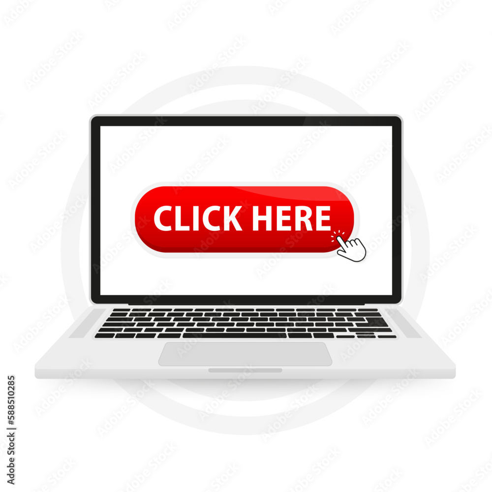 Poster click here button laptop. touch here for link to websites. arrow with touch button. touch, click. bu