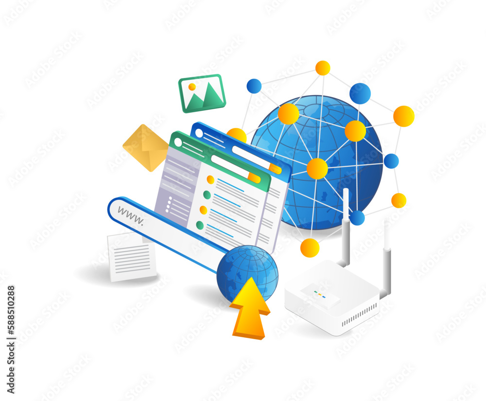 Poster Web Hosting Concept. Vector illustration in isometric 3d style.