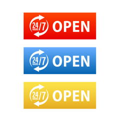 24 hour 7 day service available support. Service clock logo tag icon. 24-7 open. Pop-up tip service 24-7. Vector illustration