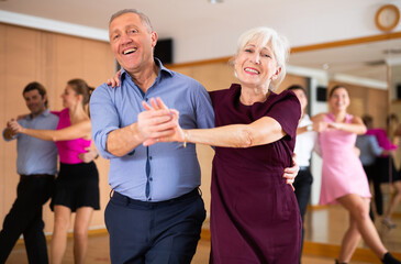 Dynamic aged pair engaging in Latino dance in dance studio. Pairs training ballroom dance in hall