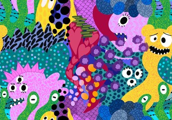 Obraz premium Cartoon monsters seamless emoticons aliens pattern for kids clothes print and wrapping paper and fabrics