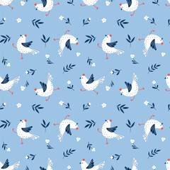 Seamless pattern with funny chickens and hand-drawn flowers on a blue background.