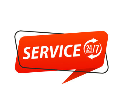 24 hour 7 day service available support. Service clock logo tag icon. 24-7 open. Pop-up tip service 24-7. Vector illustration