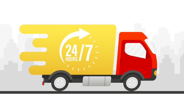 Delivery of fast delivery truck with times. Online delivery service. Express delivery, fast moving. 24-7 service concept. 24-7 express delivery concept. Vector illustration