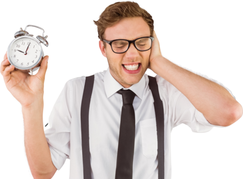 Geeky businessman holding alarm clock - Powered by Adobe