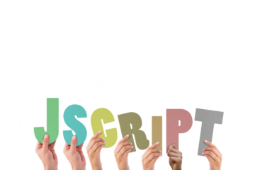 Colorful alphabet spelling Jscript held up by people 